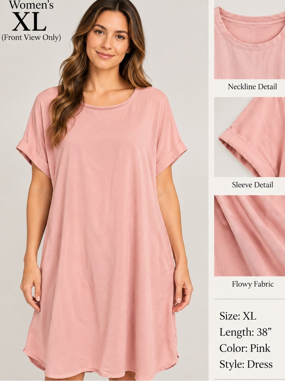 SHEIN Blush Pink Short Sleeve Shift Tunic Dress XL Pit 20” Length 38” Flowy